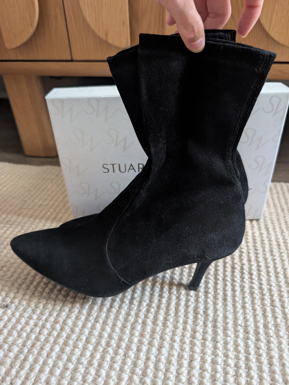 Stuart Weitzman Black Suede Pointed-Toe Mid-Calf Heeled Boots